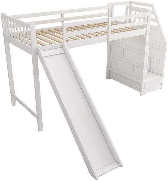 Hochbett mit Lattenrost, Rausfallschutz, Treppe und Rutsche, 90x200 cm, Kinderbett, Jugendbett, Kiefer Bild 6