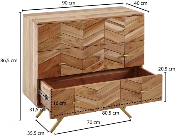 Sideboard 90 x 86,5 x 40 cm Akazie Massivholz / Metall Anrichte, Kommode 3 Schubladen, Hoher Kommodenschrank Holz Massiv, Standschrank Wohnzimmer Bild 4