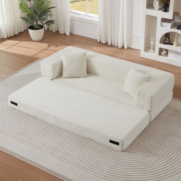 Schlafsofa 60cm×200cm×76cm aus Cord in Weiß – quadratisches Design, aus Schaumstoff, zum kleinen Doppelbett umwandelbar