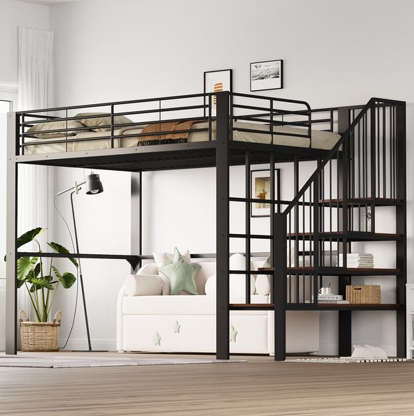 Hochbett aus Metall mit Treppe & Stauraum, 140x200 cm, Schwarz, ohne Matratze