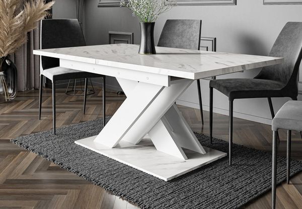 Home Collective Esstisch ausziehbar Tisch Küchentisch Esszimmertisch Ausziehtisch (Esszimmer Küche Wohnzimmer Esstisch erweiterbar), modernes Design mit X-Gestell, 140-180x80 cm Weiß Marmor-Optik