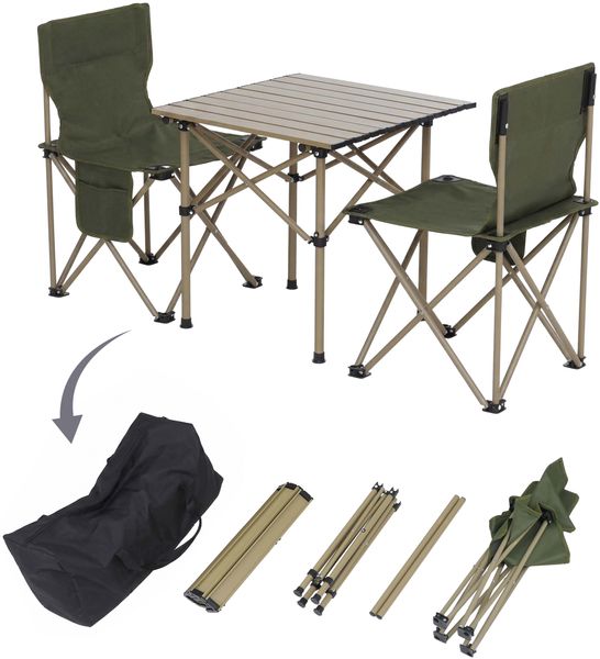Campingset HWC-Q39, Tisch 2x Stuhl Klappstuhl Anglerstuhl faltbar, Metall Stoff ~ grün