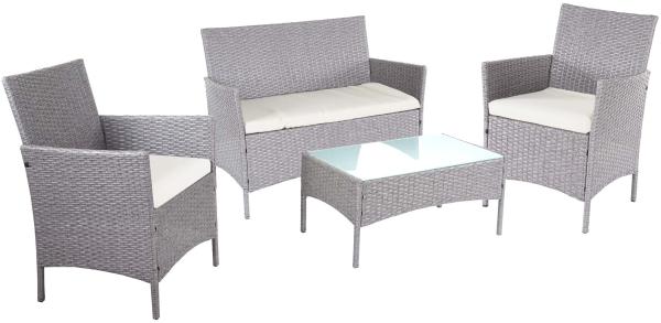 2-1-1 Poly-Rattan Garten-Garnitur Halden, Sitzgruppe Lounge-Set Sofa ~ grau, Kissen creme