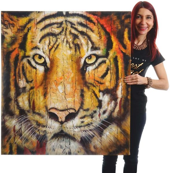 Ölgemälde Tiger, 100% handgemaltes Wandbild Gemälde XL, 100x90cm