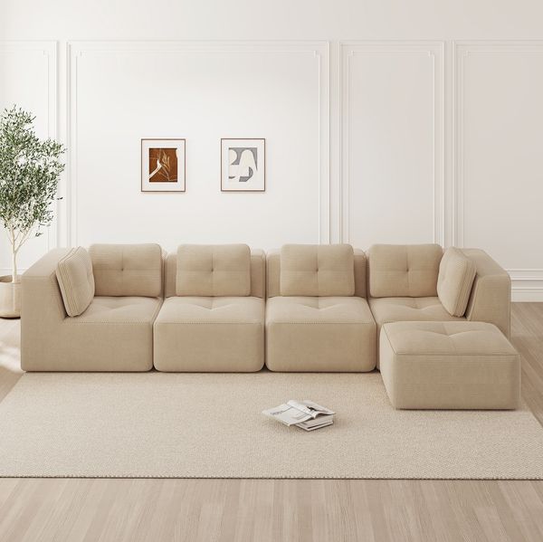 Ecksofa aus Cord, modular & mit tiefer Sitzfläche, 386 x 177 x 69 cm, Beige