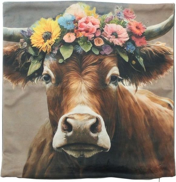 Home-trends24. de Kissenhülle Kuh mit Blumenkranz Samt Kissenhülle Kissenbezug Deko