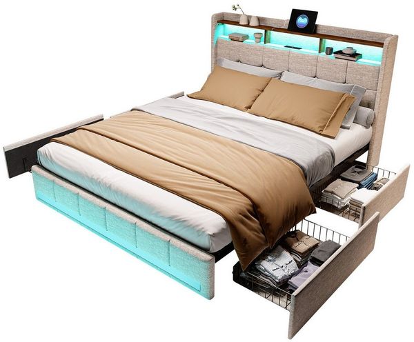 FUROKOY Polsterbett LED Doppelbett Bettgestell mit Stauraum,Stauraumbett (mit 4 Schubladen Ausgestattet,Polsterbett 160x200cm), mit Lattenrost, Kopfteil,Leinen,ohne Matratze,Beige