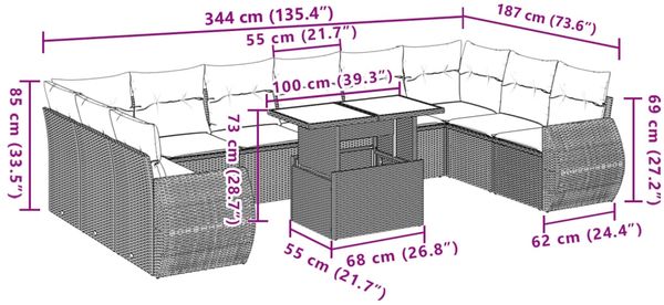 vidaXL 11-tlg. Garten-Sofagarnitur mit Kissen Grau Poly Rattan 3268780 Bild 9