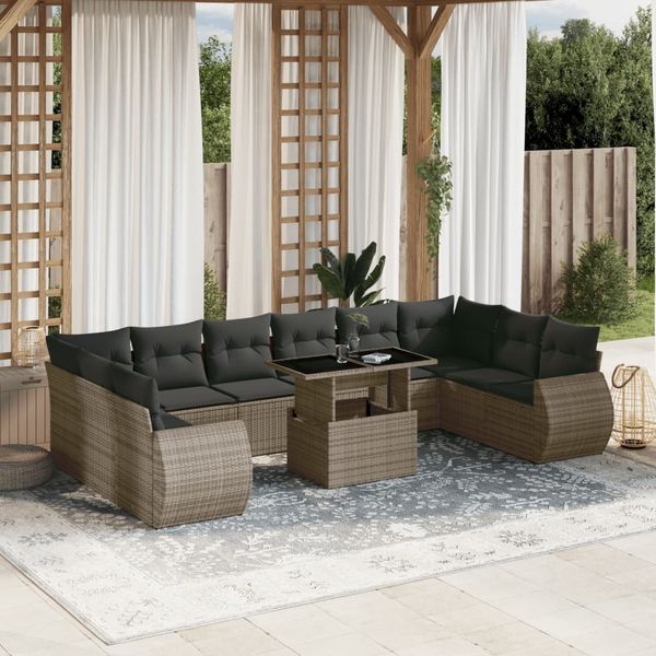 vidaXL 11-tlg. Garten-Sofagarnitur mit Kissen Grau Poly Rattan 3268780