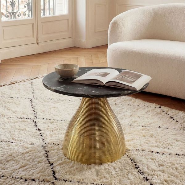 FINEBUY Couchtisch FB77370 60cm Marmor Platte Schwarz Wohnzimmertisch Beistelltisch Rund (Extravaganter Tisch in markanter Rillenoptik), Glatte Marmorplatte auf goldenem Aluminium