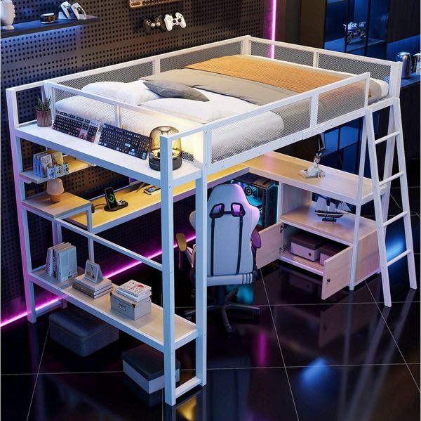 Odikalo Hochbett 140x200 Jugendbett mit Schreibtisch LED und Stauraum (Metall-Gaming-Hochbett (140x200 cm) mit integriertem Arbeitsplatz, LED-Beleuchtung und viel Stauraum)