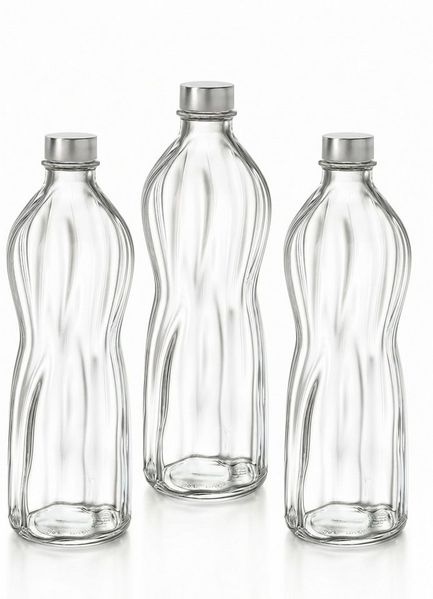 WestCraft Trinkflasche Bormioli Aqua Flasche 1L Weiß 1 Liter 3x Glasflasceh, Spülmaschinenfest, geeignet für Wasser, Saft, Limo, Kefir und Milch