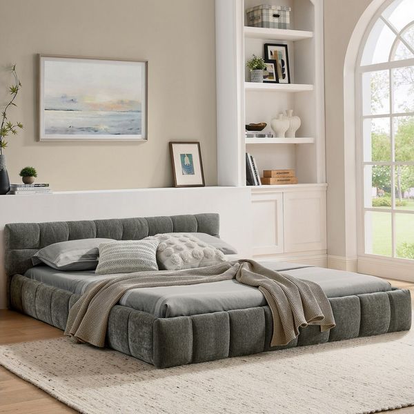 MODFU Polsterbett Gemütlicher Sitzhocker in kuscheligem Chenille (Packung, 1-tlg, Aus Eukalyptusholz,fügt sich warm in jedes Wohnzimmer ein,140x200 cm), Stabiler Eisenrahmen mit dekorativem Quilt-Muster(ohne Matratze)