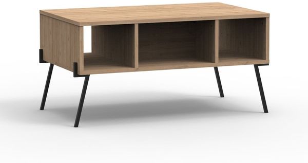 Calicosy Couchtisch 1 Tür 3 Nischen und Metallfüße L100 cm - Evan - Helles Holz