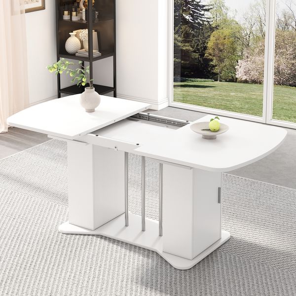 Ausziehbarer Esstisch 120-160x80x75 cm, Weiß mit silbernen Beinen, integrierter Stauraum