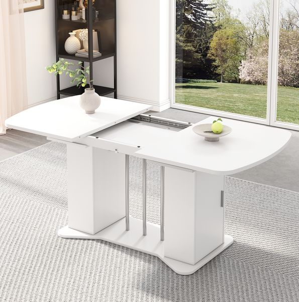 Ausziehbarer Esstisch 120-160x80x75 cm, Weiß mit silbernen Beinen, integrierter Stauraum
