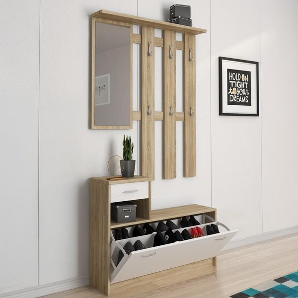 Dmora Eingangsmöbel mit Spiegel, Eingang für Flur mit Schuhregal, Taschenleerer für kleine Wohnungen, 100x25h180 cm, Farbe Weiß und Eiche