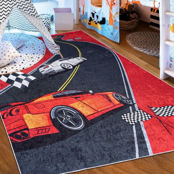 Mazovia Kinderteppich Kinderteppich Kinderzimmerteppich Rennauto Auto, 80 x 150 cm, Kurflor, Waschbar in Waschmaschine, Höhe 5 mm, Rutschfest