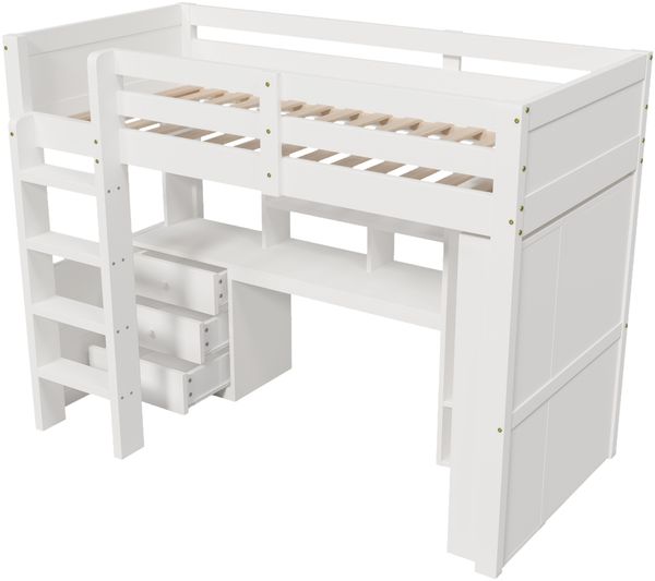 Hochbett, 90x200cm, Mit LED-Leuchten, Kleiderschrank, Schreibtisch, Schubladen, Staufächer, Ohne Matratze, Weiß Bild 9
