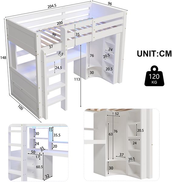Hochbett, 90x200cm, Mit LED-Leuchten, Kleiderschrank, Schreibtisch, Schubladen, Staufächer, Ohne Matratze, Weiß Bild 7
