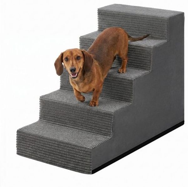 FEANDREA Hundetreppe für Kleine Hunde, 5 Stufen Waschbare Katzentreppe aus Schaumstoff für Sofa, 76 x 40 x 57 cm, Grau