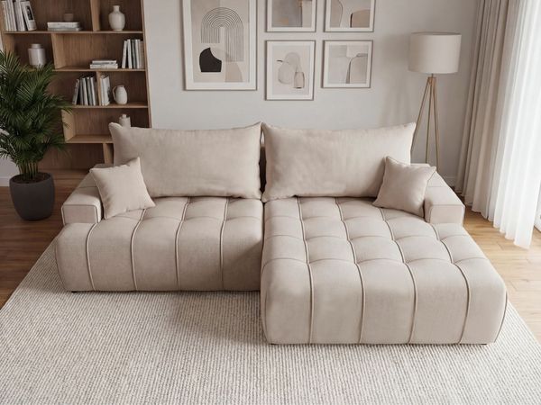 GRAINGOLD Ecksofa Tulio, Ecksofa mit Stauraum, gesteppte Sitzfläche, mit Schlaffunktion, Velour-Stoff, Beige, Rechts