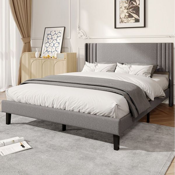 ADWOLT Polsterbett Doppelbett mit Kopfteil und Bettgestell (Packung, 1-tlg), 140x200 cm,Jugendbett,360 kg Tragfähigkeit,Leinenstoff – Grau