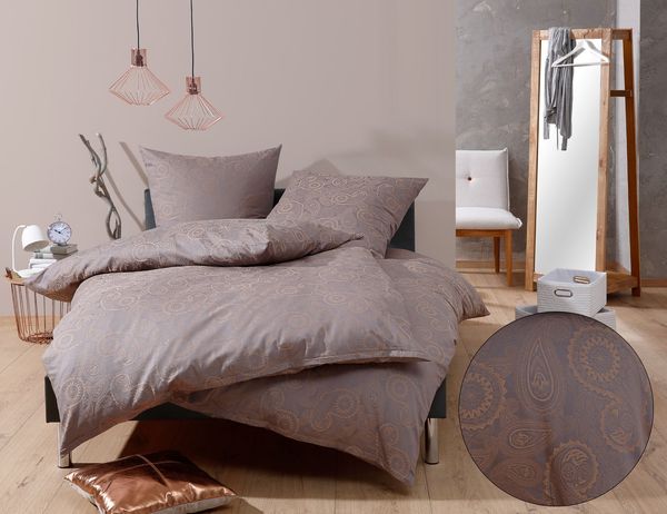 Bettwaesche-mit-Stil Mako-Satin Damast Paisley Bettwäsche "Davos" gold braun - grau Garnitur 135x200 + 80x80