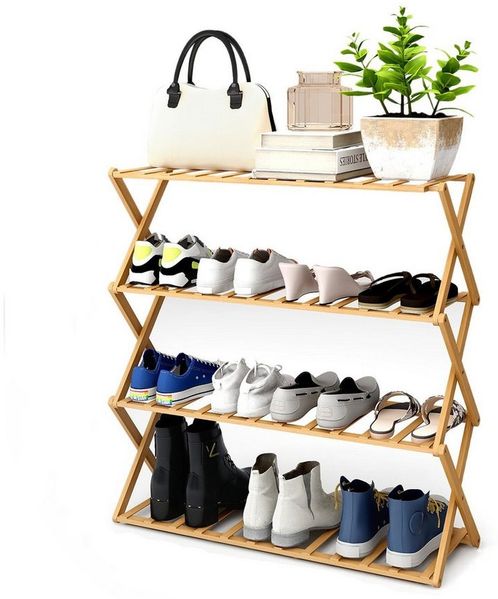 Youyijia Schuhregal 70×70cm Faltbares Schuhregal Aus Bambus Mit 4 Ebenen, 16 Paar Schuhe