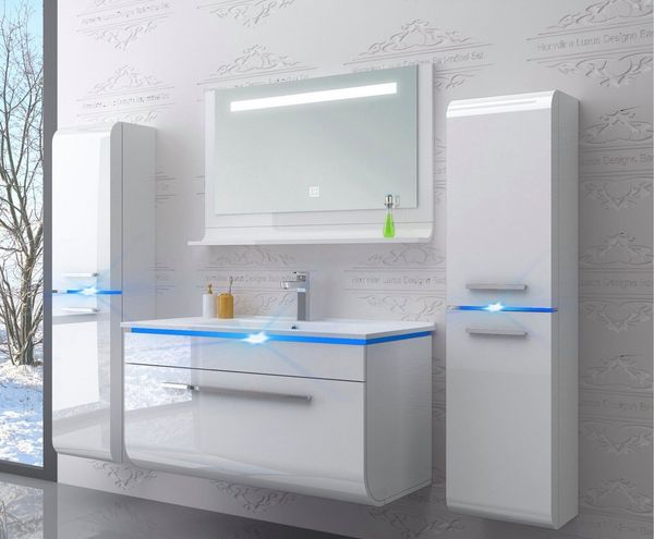Homeline Badmöbel-Set Luxus Badmöbel Set montiert Weiß Hochglanz Lackiert 90 cm 5 tlg Led, (Spar-Set, Badmöbel Set)