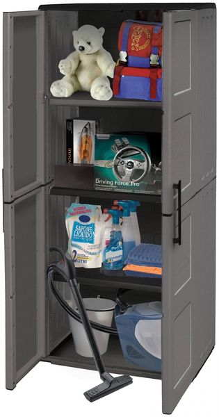 Dmora Akina-Außengarderobe, Balkonmöbel, Mehrzweckgarderobe mit Regalen, 100 % Made in Italy, 68 x 37 x 163 cm, Grau und Schwarz, kariertes Finish Bild 4