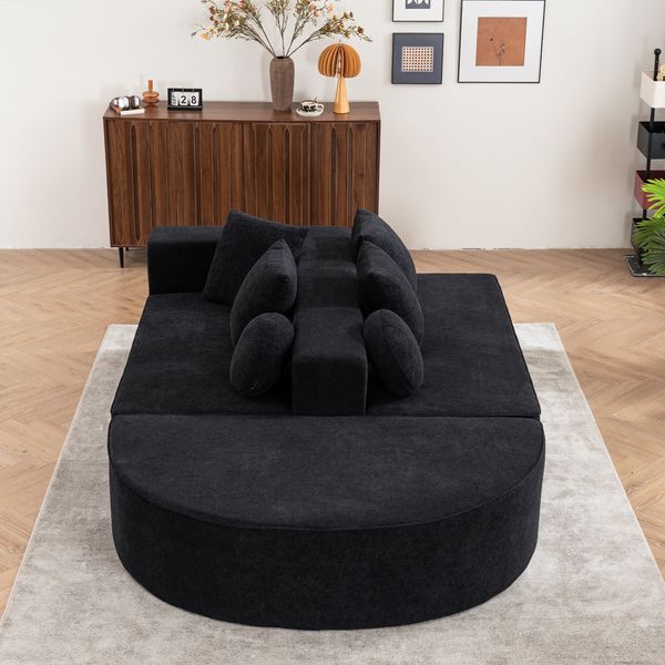 Sofa H 66 x T 263 x B 171 cm, modulares Chenille-Sofa, Völlschaumstruktur, schlafbar, schwarz