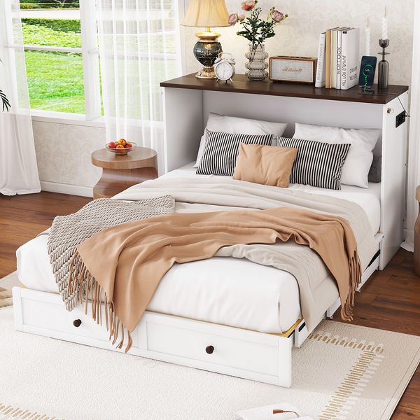 Bett 140x200 cm, mobiles Schrankbett aus Kiefernholz und MDF mit Schublade, Regal, USB und Steckdose, ohne Matratze