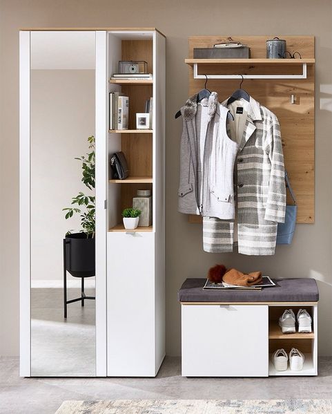 Lomadox Garderoben-Set BLISS-36, (Spar-Set, 3-St, Garderobenschrank Garderobenbank Garderobenpaneel), Garderobe modern weiß matt Eiche mit Garderobenschrank