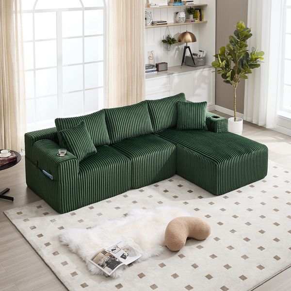 Modulares 3-Sitzer Sofa mit Chaiselongue, B 257 x T 90-160 x H 62 cm, aus Cord