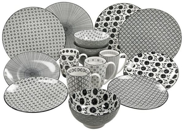 CreaTable Kombiservice (16-tlg), 4 Personen, Steingut, 4 Designs im Schwarz/weiß Look