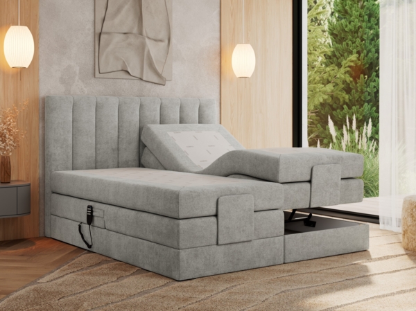 Boxspringbett mit elektrisch verstellbaren Matratzen, zwei Bettkästen und einem Topper - COMFORTO - 160 x 200 cm - Hellgrau Stoff - H3 Bild 2