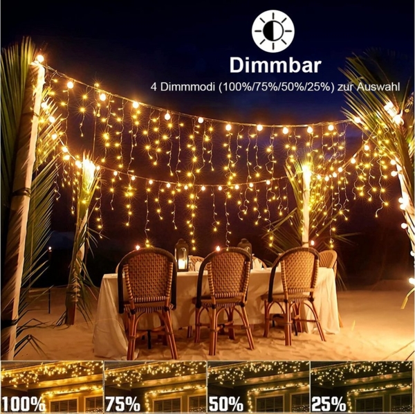 XERSEK LED-Lichterkette LED-Lichterkette Eiszapfen 5/10/15m Weihnachts Dekolicht Warmweiß, 600-flammig, Speicherfunktion, 3 Timer, 11 Modi, Fernbedienung, Netzkabel,Warmweiß Bild 3