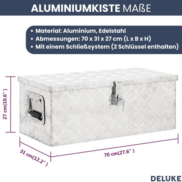 Aluminiumbox mit Deckel - Abschließbar | Alubox Deichselbox Alu Anhängerbox Werkzeugkiste Metall Transportbox Metallkiste, 70x31x27cm Silber Bild 3