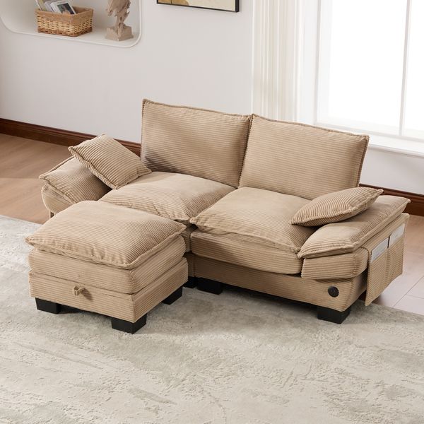 2-Sitzer Sofa B 190 x T 132 x H 84 cm aus Cord mit Hocker und USB-C