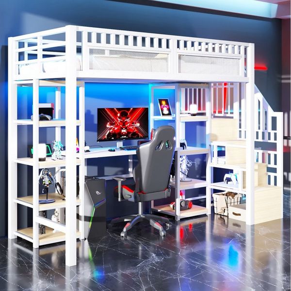 MODFU Kinderbett Metallrahmen mit Schreibtisch, Ablagefach und Stauraum-Leiter (Jugendbett, LED-Beleuchtung & USB-Anschluss inklusive, Metallbett 90x200 cm), ohne Matratze
