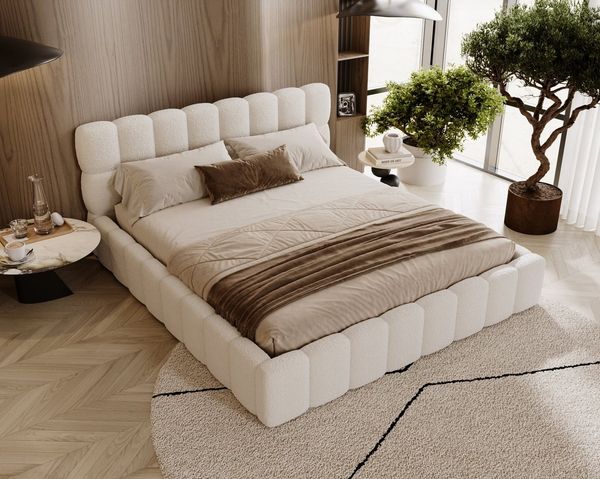 Labett Polsterbett ALMA Bubble Bouclé-Stoff 120x200 140x200 160x200 180x200 200x200 cm (Kopfteil im Oversize-Look und Stauraum), hochwertiger Bouclé-Stoff in Creme, Beige, Braun und Schwarz