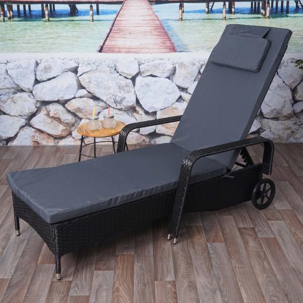 Poly-Rattan Sonnenliege Carrara, Relaxliege Gartenliege Liege, Alu ~ anthrazit, Kissen grau Bild 1