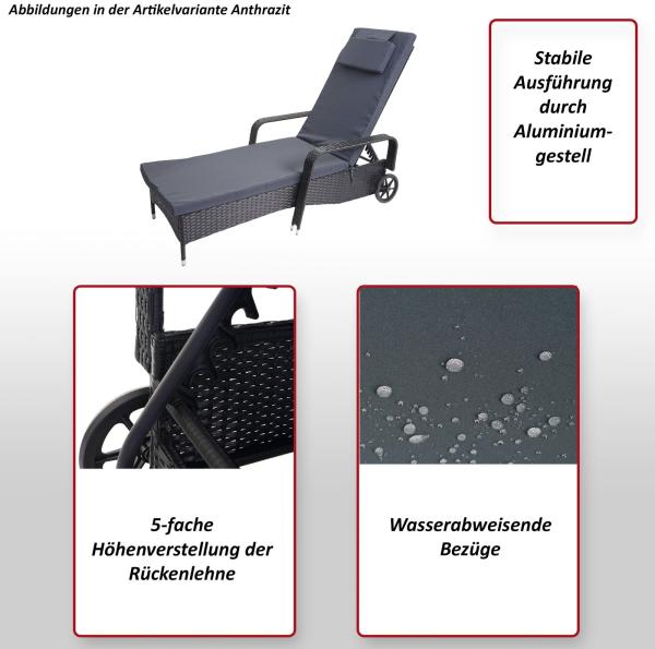 Poly-Rattan Sonnenliege Carrara, Relaxliege Gartenliege Liege, Alu ~ anthrazit, Kissen grau Bild 2