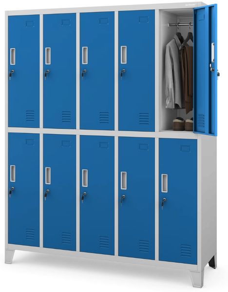 Umkleideschrank Spind BARTEK - 10 Abteile, Etikettenhalter Lüftungsschlitze | Umkleidespind Schließfachschrank Garderobenspind, 172x136x45cm Grau-Blau