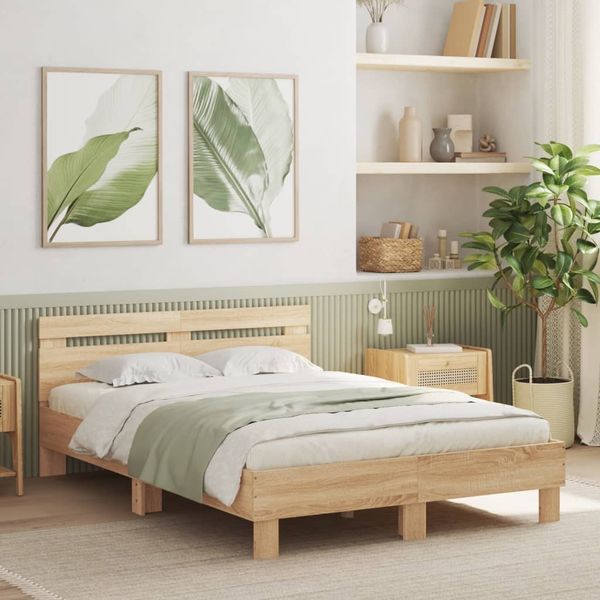 vidaXL Bettgestell mit Kopfteil LED-Beleuchtung Sonoma-Eiche 135x190cm 3207569