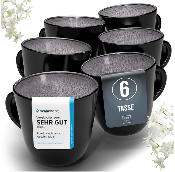 Steingut Kaffeetassen 6 Personen Ibiza TESTSIEGER, Traumhaftes Mediterranes Steingut Tassen Set, Stylisches Tee- und Kaffeebecher Set, Pure Living in Grau