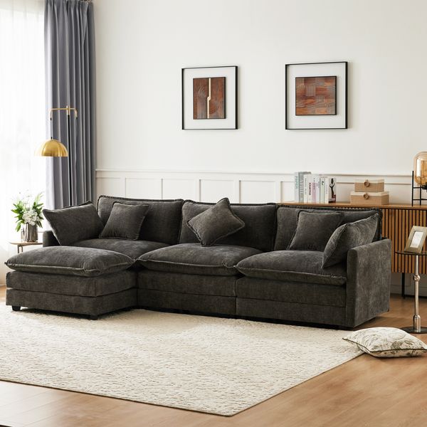 Modernes L-förmiges Ecksofa, Polstersofa aus Chenille-Stoff als Dreisitzer mit Fußstütze, Polstermöbel, geeignet für Wohn- und Schlafzimmer, Dunkelgrau