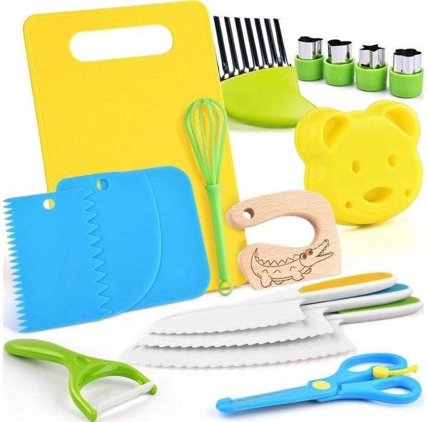 LA CUTE Kinderkochmesser Kinder-Kochzubehör: Kindermesser, Brett für sicheres Kochen, Kostenlose schnittsichere Handschuhe für Kinder