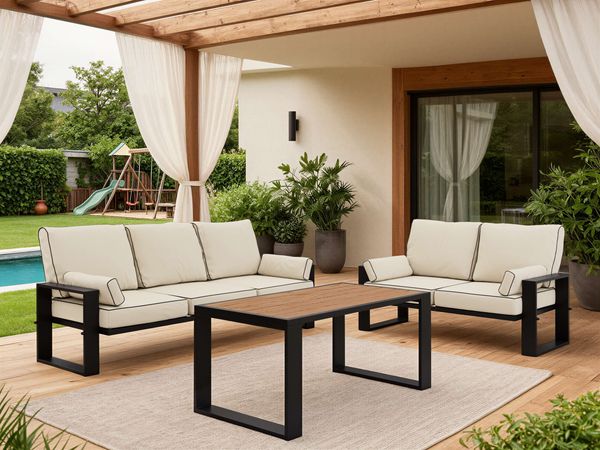 Gartenmöbel-Set mit Tisch für 5 Personen, auf Metallbeinen, Gartenlounge mit Sofa - ELBA 2 - beige